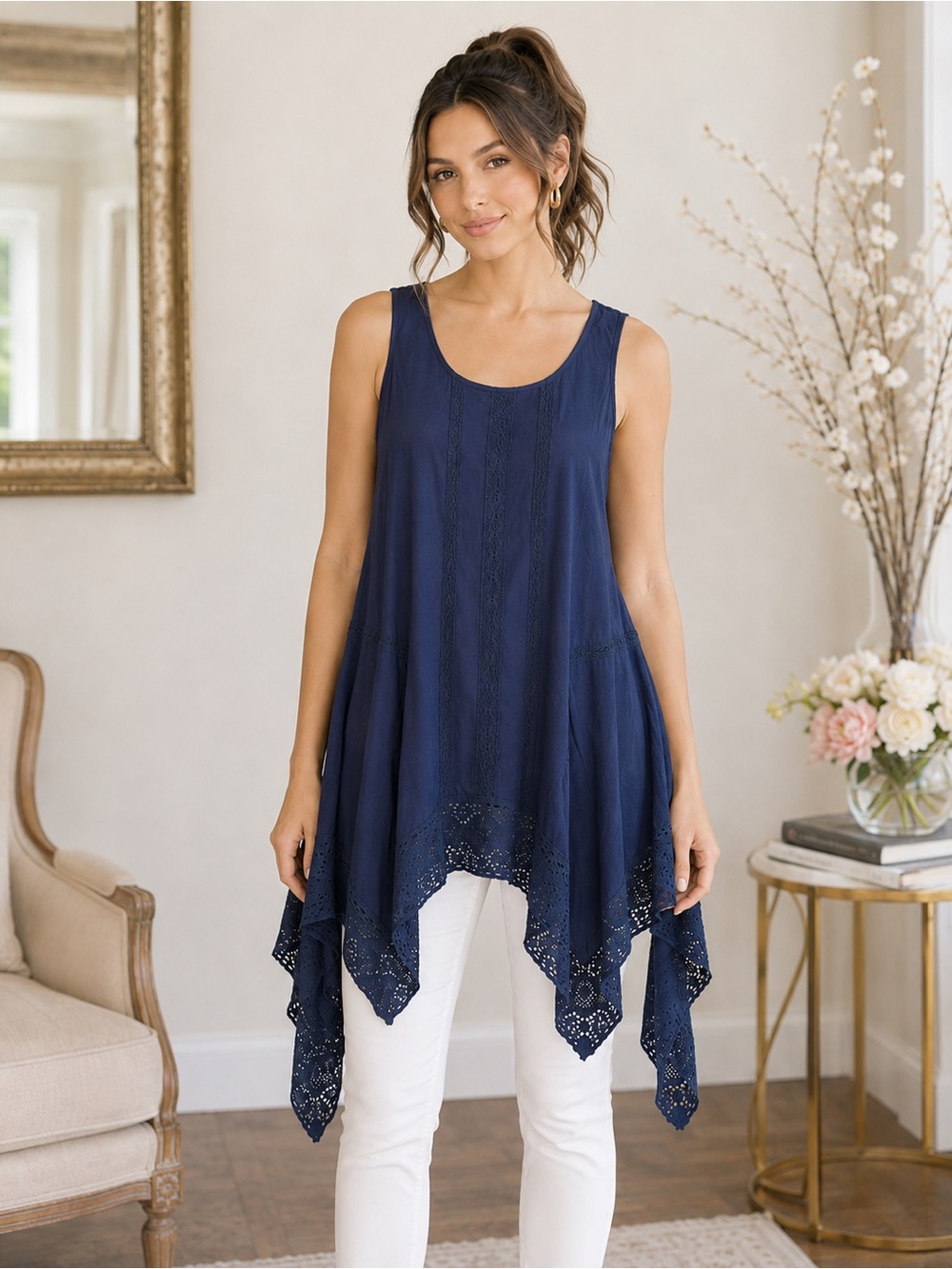Chelsea & Theodore Navy Crochet Lace Handkerchief Tunic Top M NWT